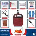Red STOP THE BLEED bleeding control kit with QuikClot Premium and first aid supplies