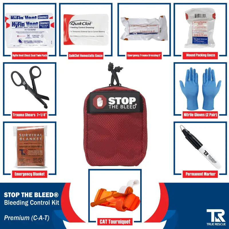 Red STOP THE BLEED bleeding control kit with QuikClot Premium and first aid supplies