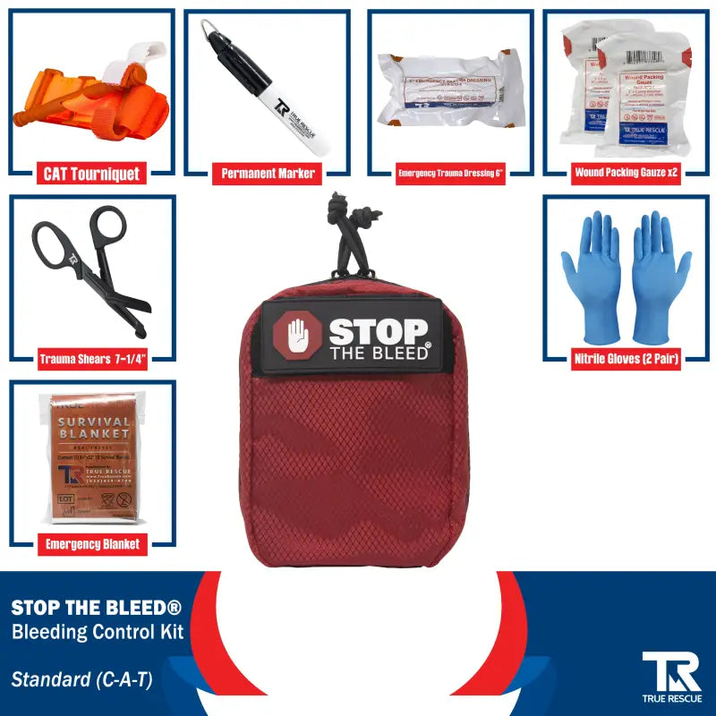 Red STOP THE BLEED bleeding control kit with QuikClot Premium and first aid supplies