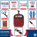 Red STOP THE BLEED Trauma Kit with QuikClot Premium and first aid supplies