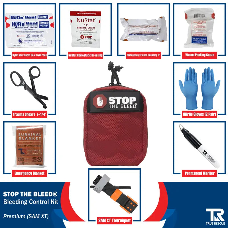 Red STOP THE BLEED Trauma Kit with QuikClot Premium and first aid supplies