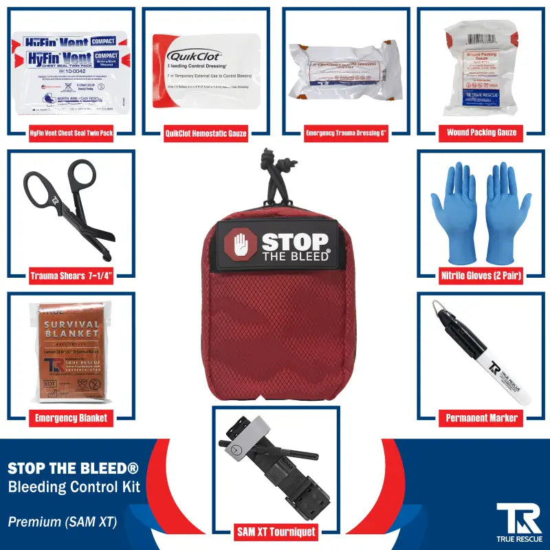 Red STOP THE BLEED bleeding control kit with QuikClot Premium and first aid supplies