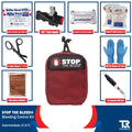 Red STOP THE BLEED bleeding control kit with QuikClot Premium and first aid supplies