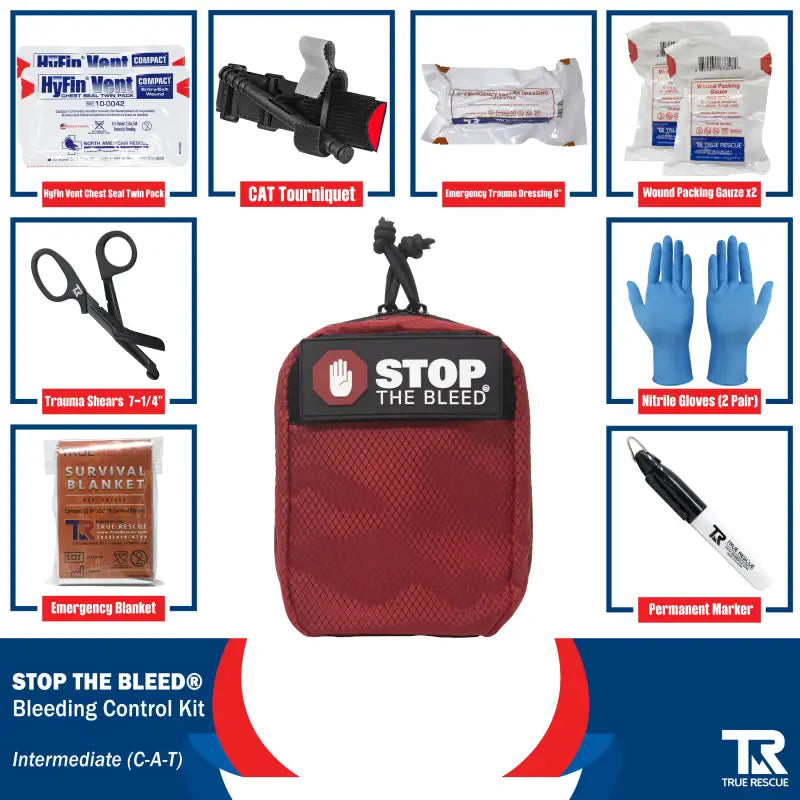 Red STOP THE BLEED bleeding control kit with QuikClot Premium and first aid supplies