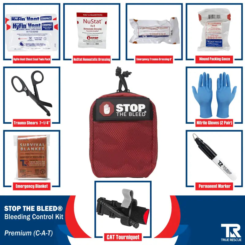 Red STOP THE BLEED Bleeding Control Kit with QuikClot Premium and first aid supplies