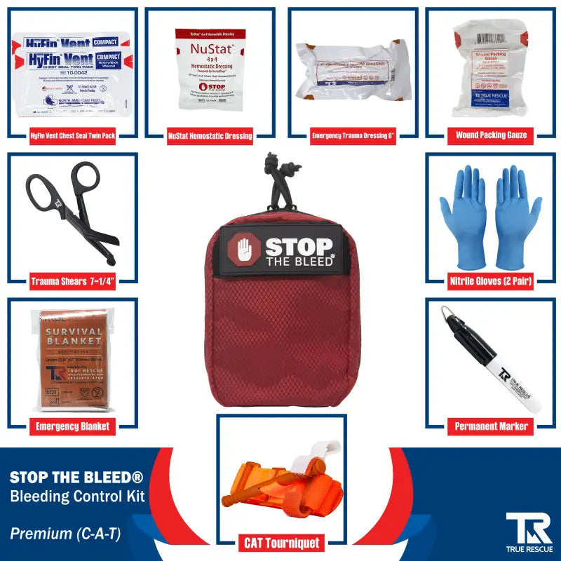 Red STOP THE BLEED Bleeding Control Kit featuring QuikClot Premium and mesh pocket