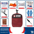 Red STOP THE BLEED bleeding control kit with QuikClot Premium and first aid supplies