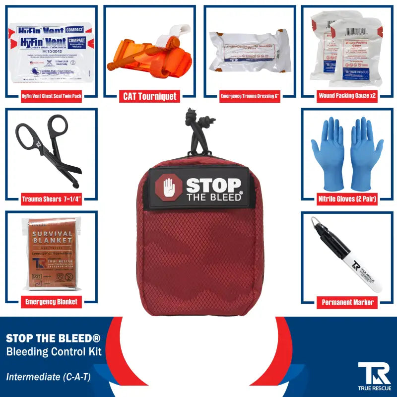 Red STOP THE BLEED bleeding control kit with QuikClot Premium and first aid supplies