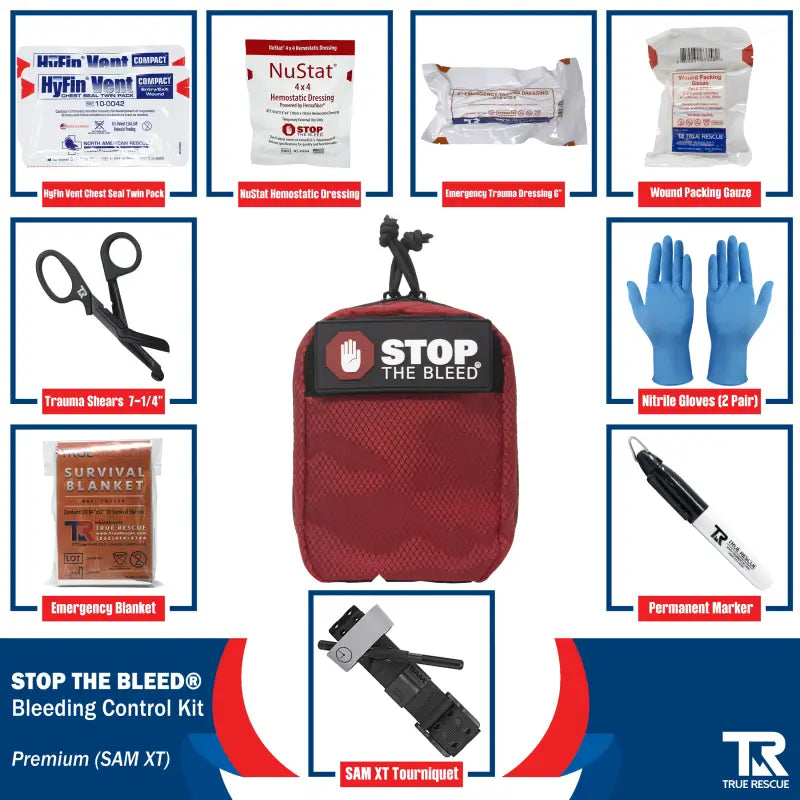 Red STOP THE BLEED Bleeding Control Kit with QuikClot Premium and first aid supplies