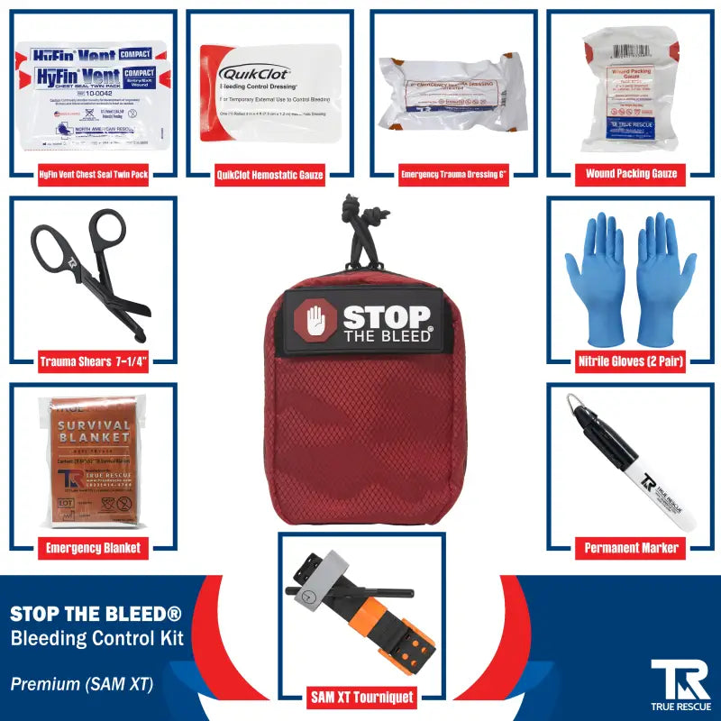 Red STOP THE BLEED bleeding control kit pouch with QuikClot Premium supplies around it