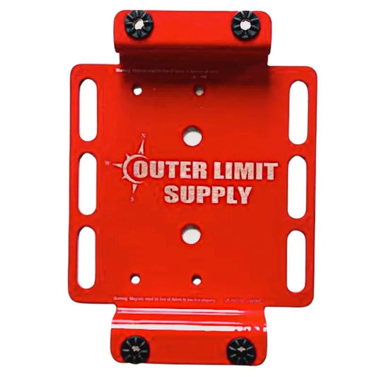 Red metal mounting bracket for Single Base Plate with Outer Limit Supply text and holes