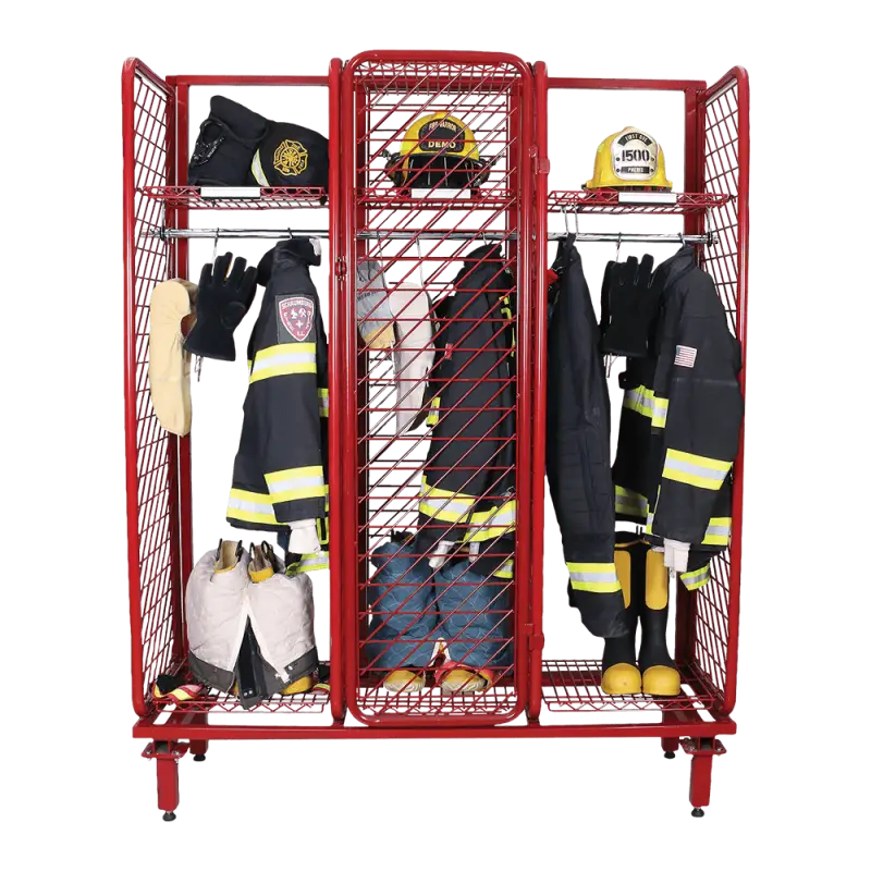 Red metal firefighter gear locker from Ready Rack Systems with maximum air circulation and salt spray test validation