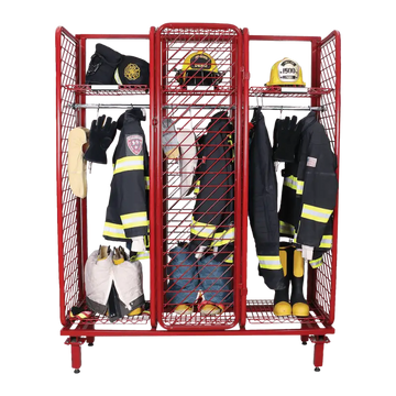 Red metal firefighter gear locker from Ready Rack Systems with maximum air circulation and salt spray test validation