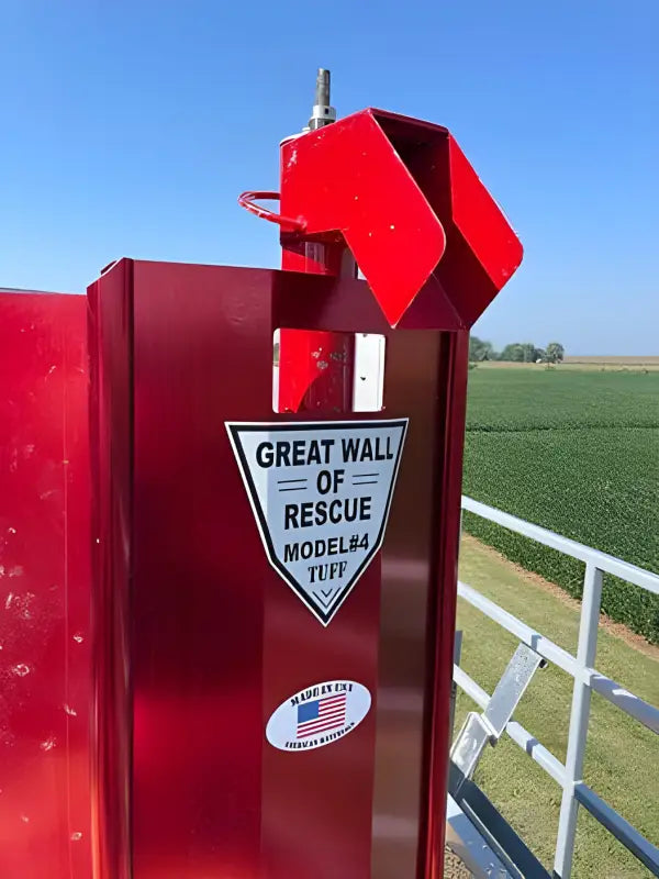 Red metal rescue tube holder labeled Great Wall of Rescue for JPZ Rescue Auger system