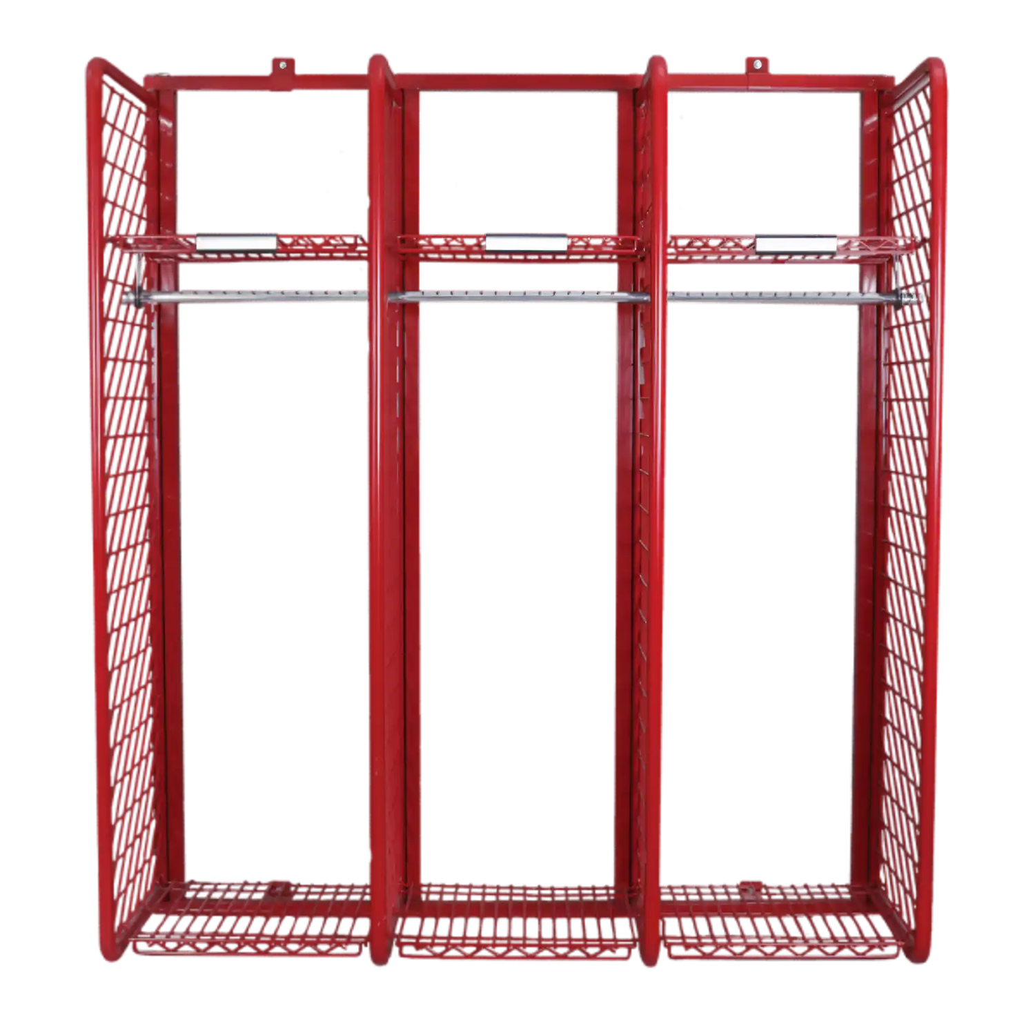 Red metal storage rack with three vertical compartments and wire mesh sides.