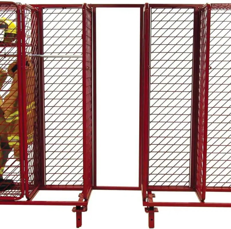 Red metal wire storage lockers from Ready Rack Systems optimized for maximum air circulation and salt spray test durability