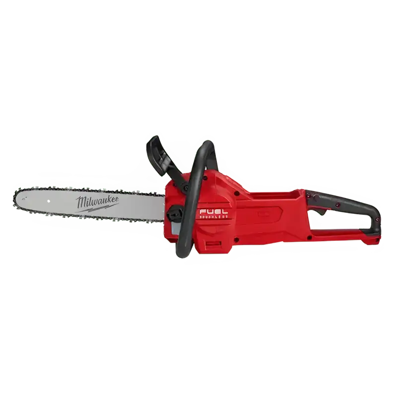 Red Milwaukee 2727-20C M18 FUEL™ 14’’ Chainsaw with black guide bar displayed