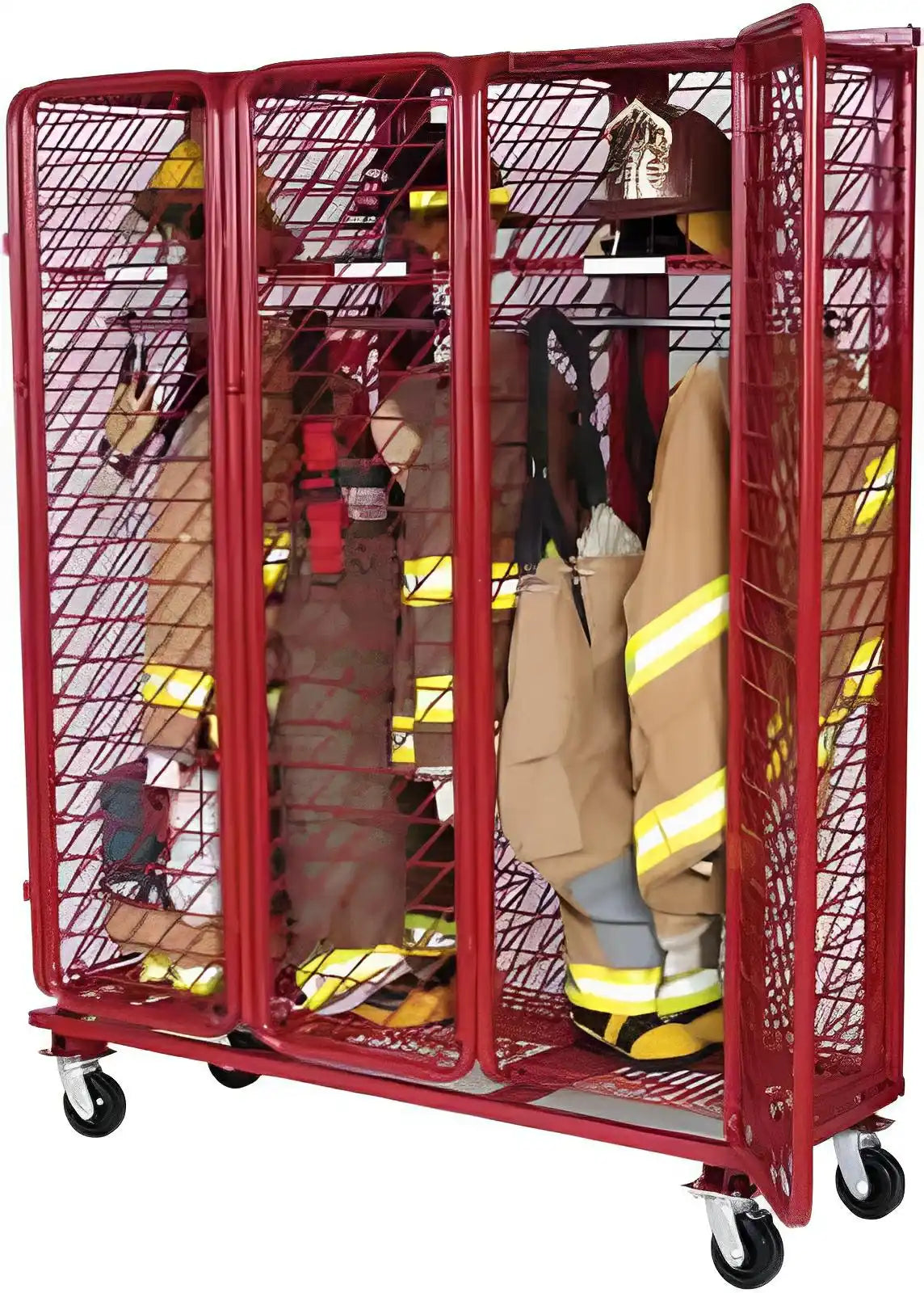 Red mobile storage rack containing firefighter gear and equipment.