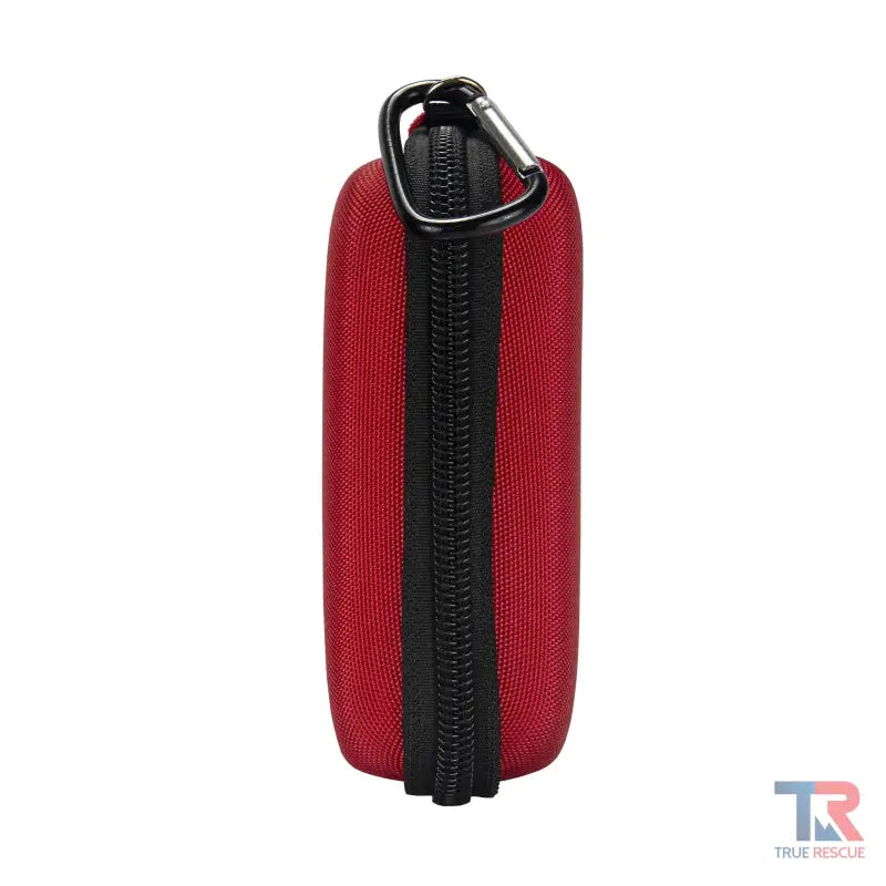 Red neoprene bottle holder with black zipper for Overdose Responder Kit