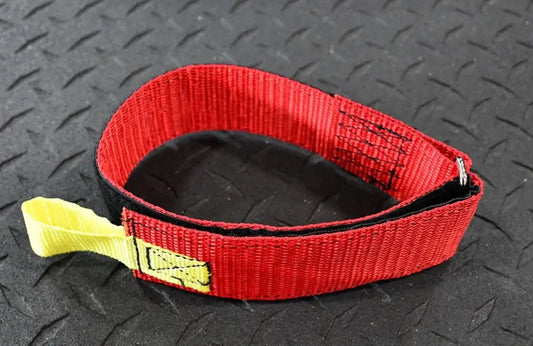 Red nylon individual hose strap with yellow pull tab for heavy-duty use