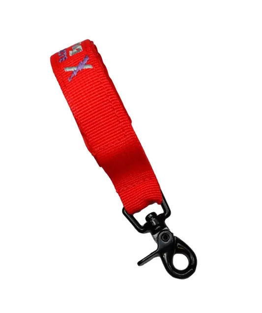 Red nylon firefighter glove strap with a black metal clip attachment for secure use