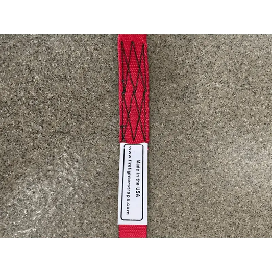 Red nylon strap with a white label for Multi-Use Sewn Webbing Loop 4 foot length