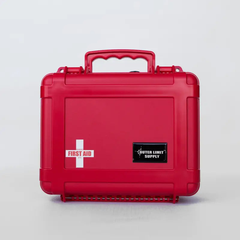 Red waterproof first aid kit with quick release for allergic reaction treatment and rolled gauze