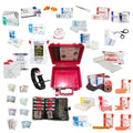 Red plastic first aid kit with rolled gauze and supplies for a bleeding control kit