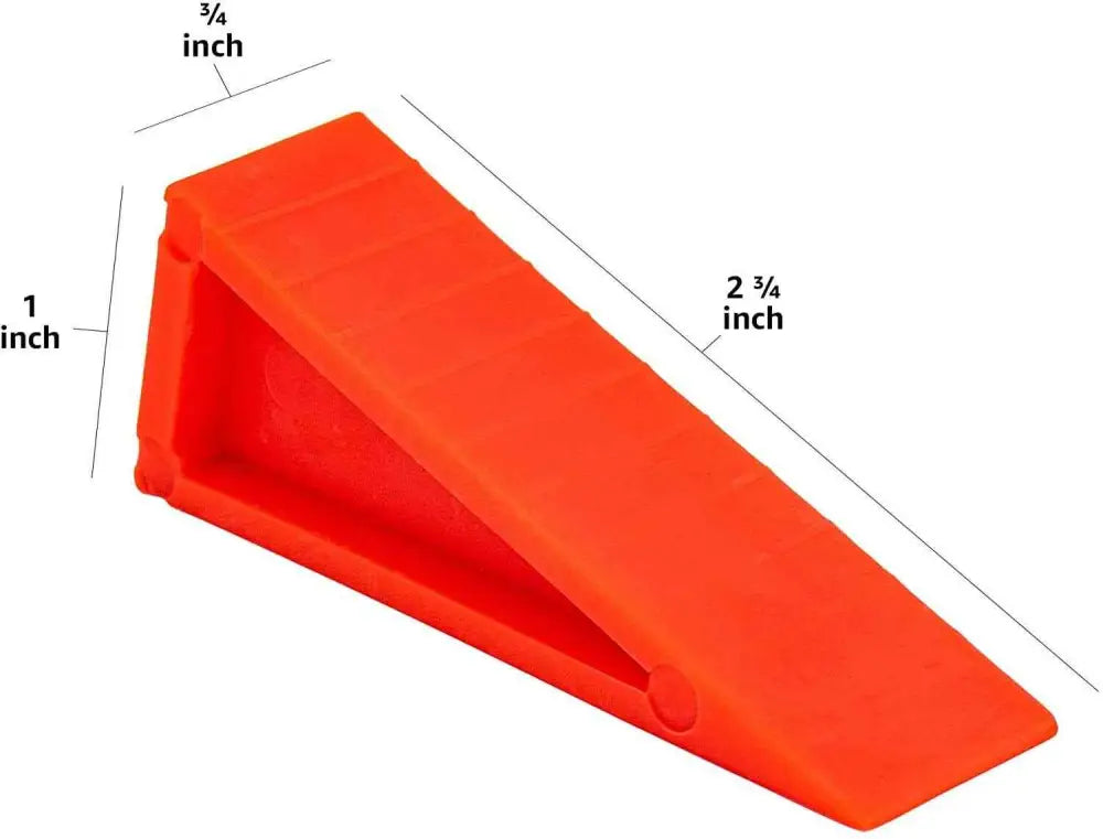 Red plastic firefighter door stoper wedge with measurement annotations for safety use