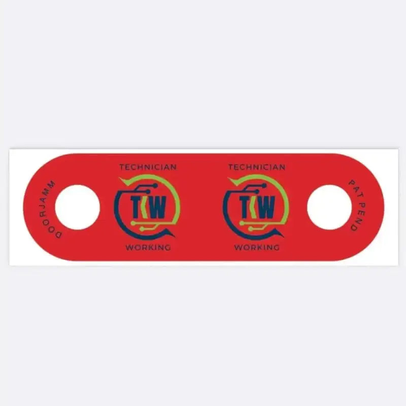 Red plastic tag with TW Technician logos for TekKnowledge Worldwide TKW DoorJamm