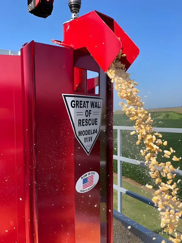 Red popcorn vending machine labeled Great Wall of Rescue for JPZ Rescue Auger grain entrapment