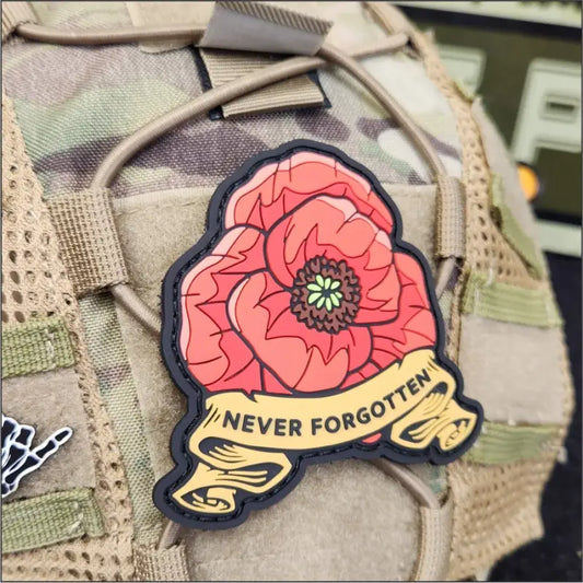 Red poppy patch with NEVER FORGOTTEN banner beneath for 3 inch PVC patch