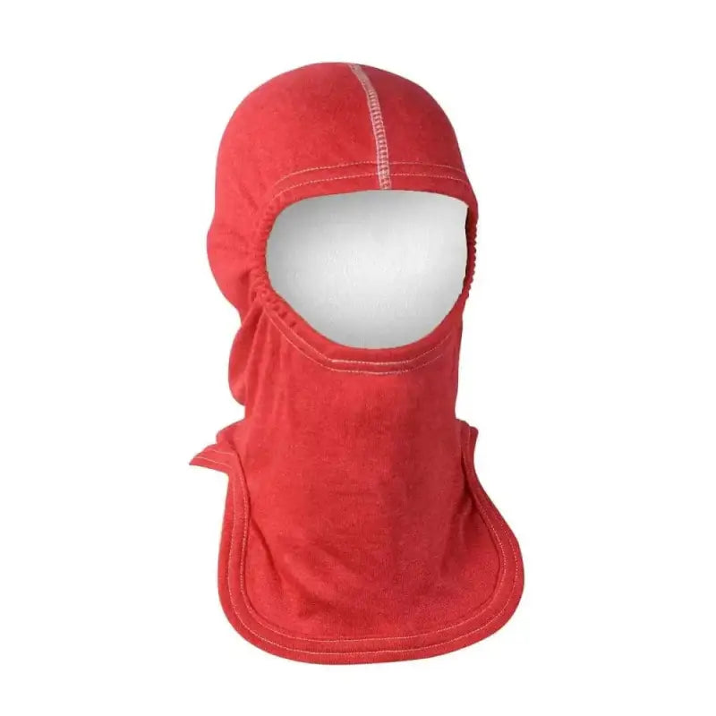 Red Nomex Blend structural firefighting hood with face opening and white stitching