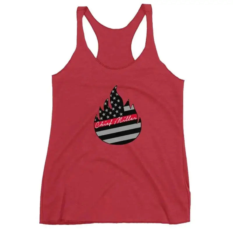 Red Racerback Tank showcasing a black and white flame design with stars and stripes