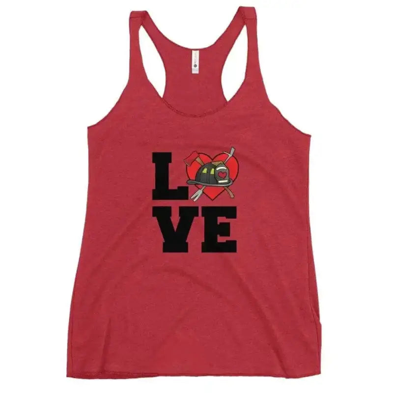 Red racerback tank with LOVE text and firefighter helmet, perfect for bold style