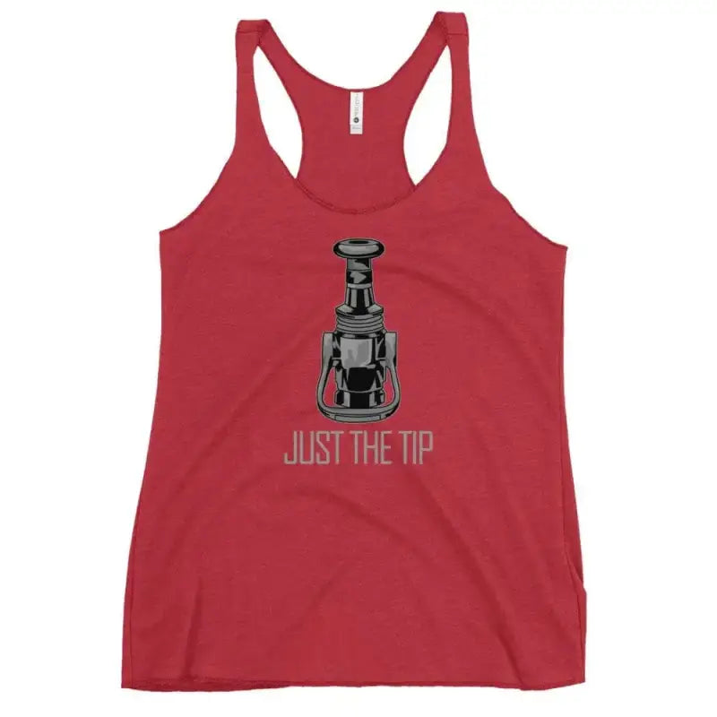 Red racerback tank top featuring JUST THE TIP text and grenade graphic in Vintage Shocking Pink