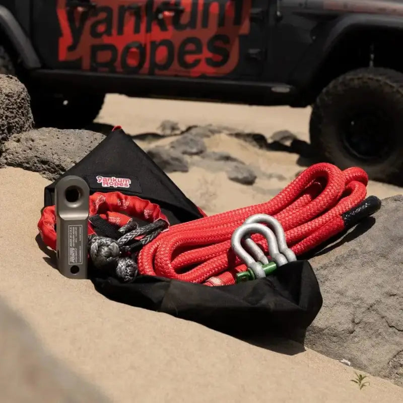 Red kinetic recovery rope with metal shackle in a black bag, Off-Road Recovery Kit