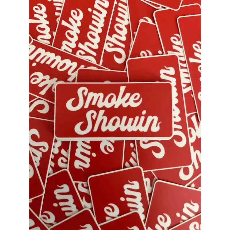 Red rectangular sticker with Smoke Showin text for Smoke Showin Square product