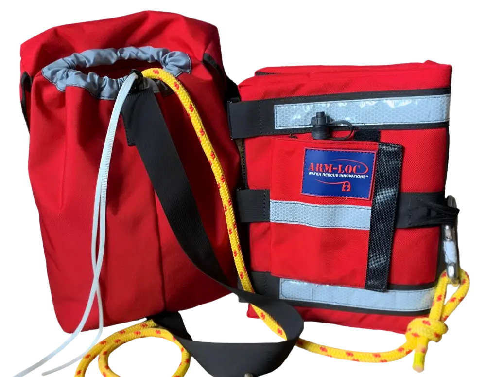 Red ARM-LOC Rescue System throw bags with yellow ropes for effective water rescues