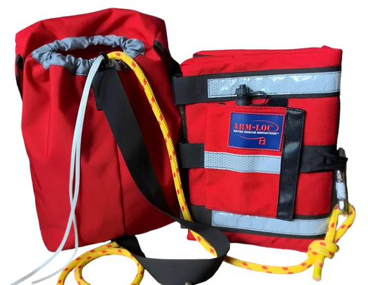 Red ARM-LOC Rescue System throw bags with yellow ropes for effective water rescues