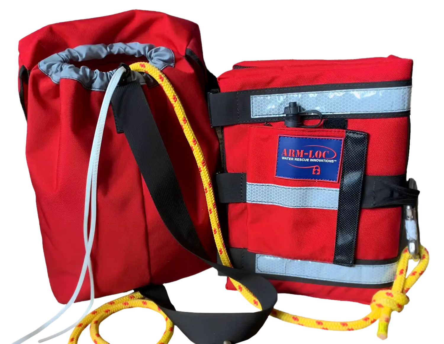 Red rescue throw bags with yellow ropes and reflective stripes.