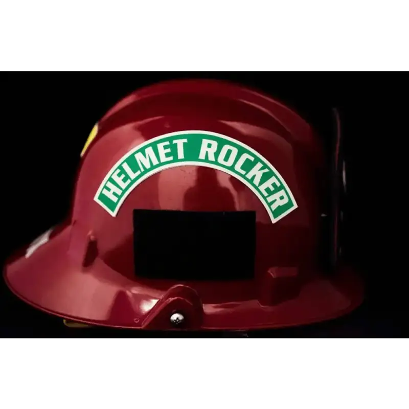 Red safety helmet with HELMET ROCKER label for IdentiFire USAR Helmet Rockers