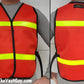 Red reflective safety vest with yellow stripes and black trim for budget safety