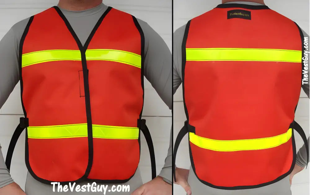 Red reflective safety vest with yellow stripes and black trim for budget safety