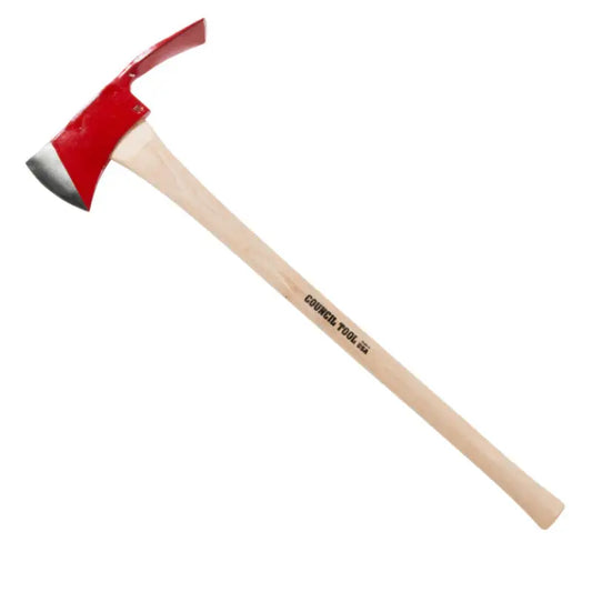 Red and silver Pulaski axe with a hickory handle and mattock blade for heavy-duty tasks