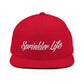 Red Sprinkler Life Snapback hat with white script embroidered design