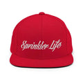 Red Sprinkler Life Snapback hat with white script embroidered design
