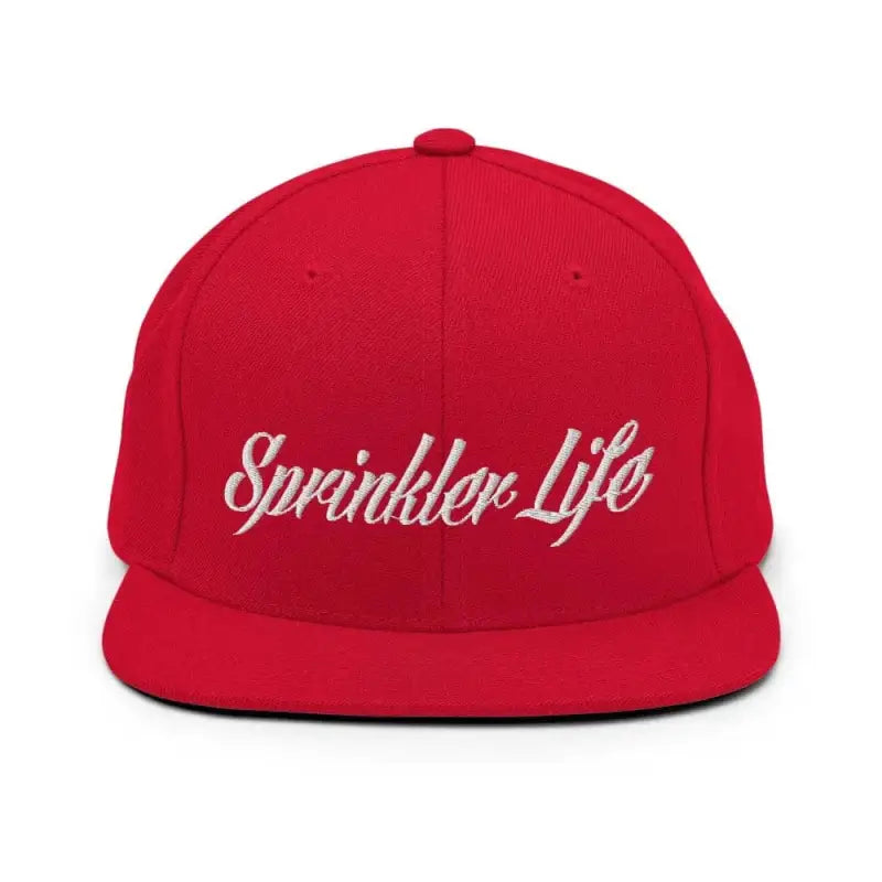 Red Sprinkler Life Snapback hat with white script embroidered design