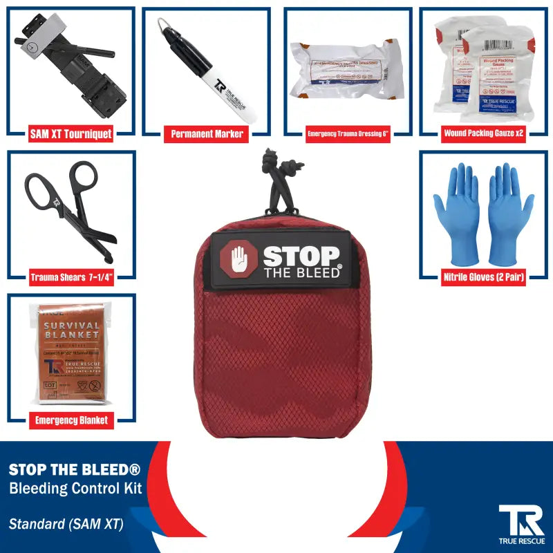 Red Stop the Bleed medical trauma kit pouch with QuikClot premium first aid supplies