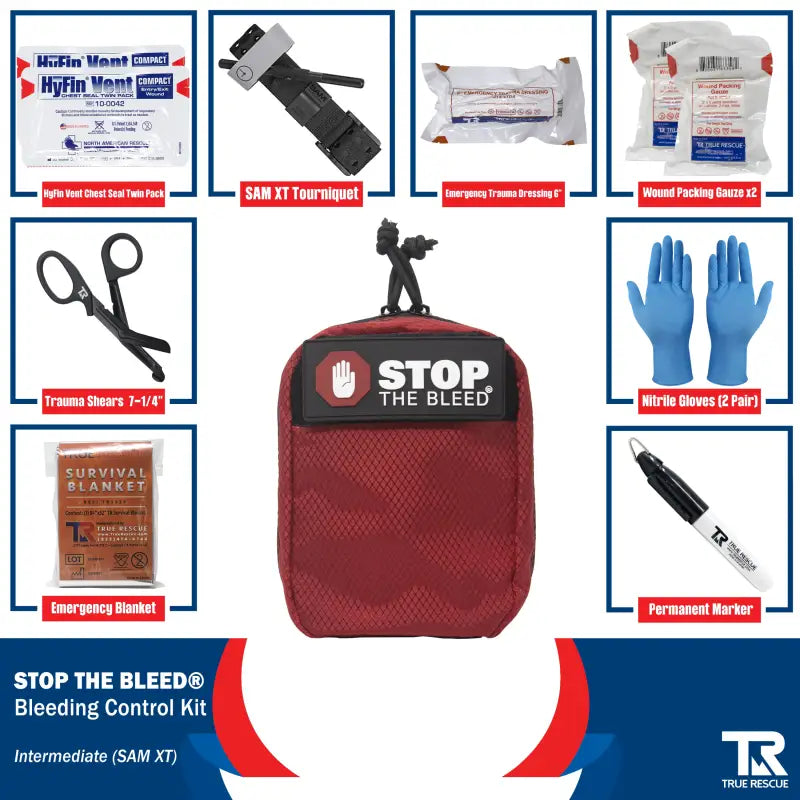 Red Stop the Bleed medical trauma kit pouch with QuikClot premium and first aid supplies